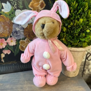 Può includere: Un orsacchiotto di peluche con un costume da coniglietto rosa con dettagli bianchi. Il costume comprende un cappuccio con orecchie da coniglio, una tuta e due pompon bianchi sulla schiena. Un nastro rosa è legato intorno al collo.