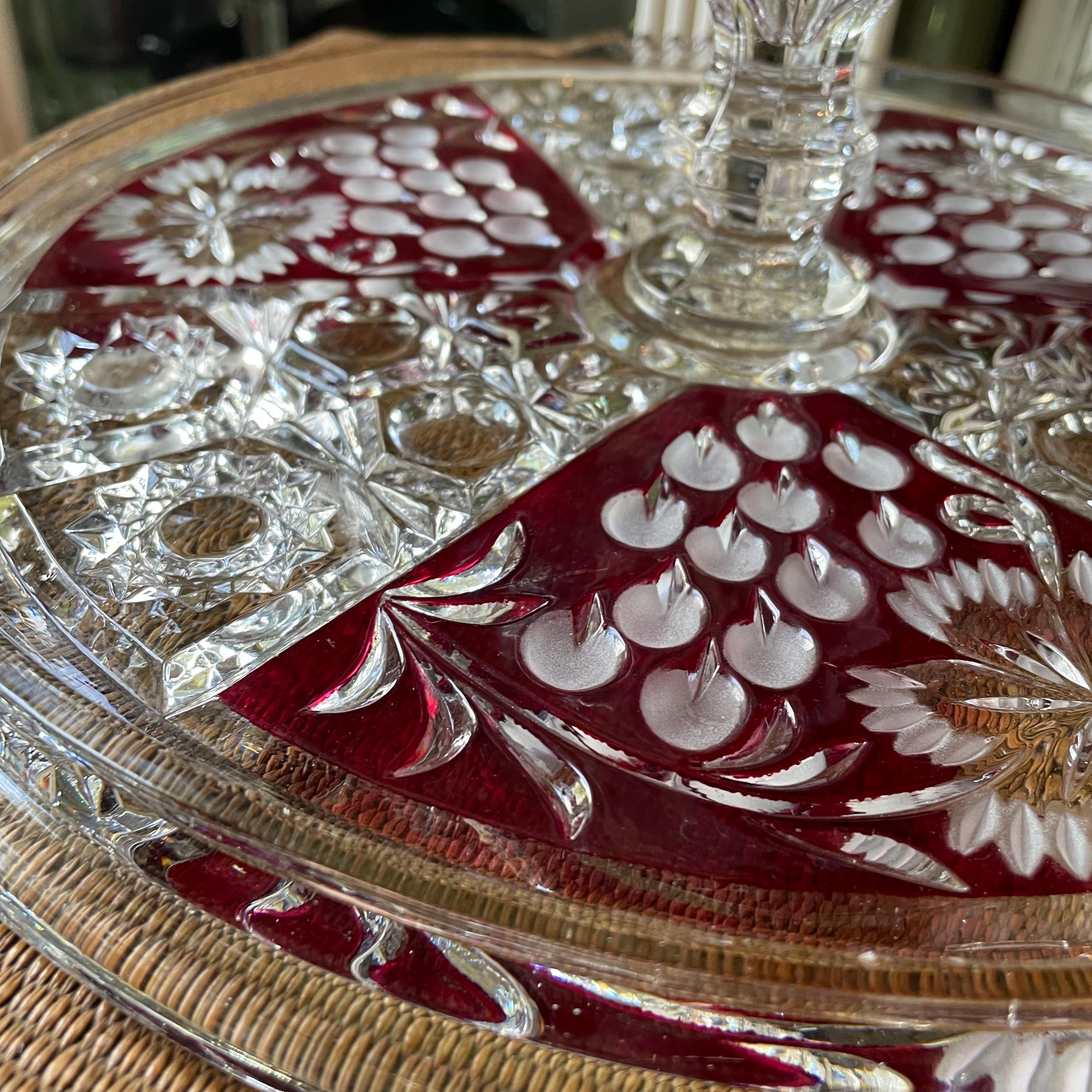 Anna Hütte Vintage Crystal Floral Cake Plate Flower Red