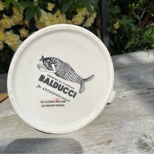 May include: A white ceramic mug featuring a black and white fish design and the text "BALDUCCI for ANTHROPOLOGIE". The mug is dishwasher and microwave safe.