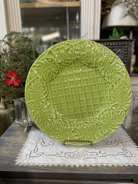 Vintage Bordallo Pinheiro Majolica Light Lime Green Ceramic Basket