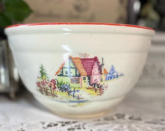 Bol para mezclar de gres Crooksville vintage de la década de 1940 con diseño de punto de aguja, estilo rústico francés.