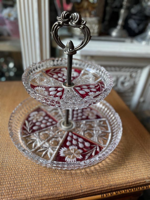 Anna Hütte Vintage Crystal Red Floral 2 Tiered Decorative Tray - Etsy
