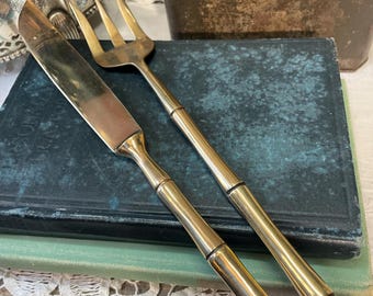 Vintage Gold brass Bamboo serving fork & knife flatware set