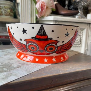 Johanna Parker carnival cottage Halloween Owl Ceramic candy bowl new