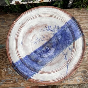 Artisan pottery bowl plate white & blue floral botanical signed