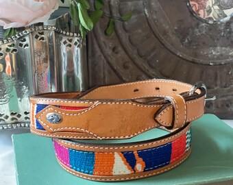 Women girls colorful fabric tan leather belt S 27-30 inch Guatemala