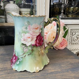 Antique Limoges Haviland Pitcher handpainted flowers floral roses gold gilded France 1900