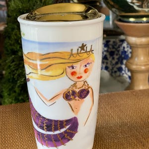 Starbucks 2015 Ceramic 12 Oz Tumbler Mermaid Siren Seahorse Gold Lid