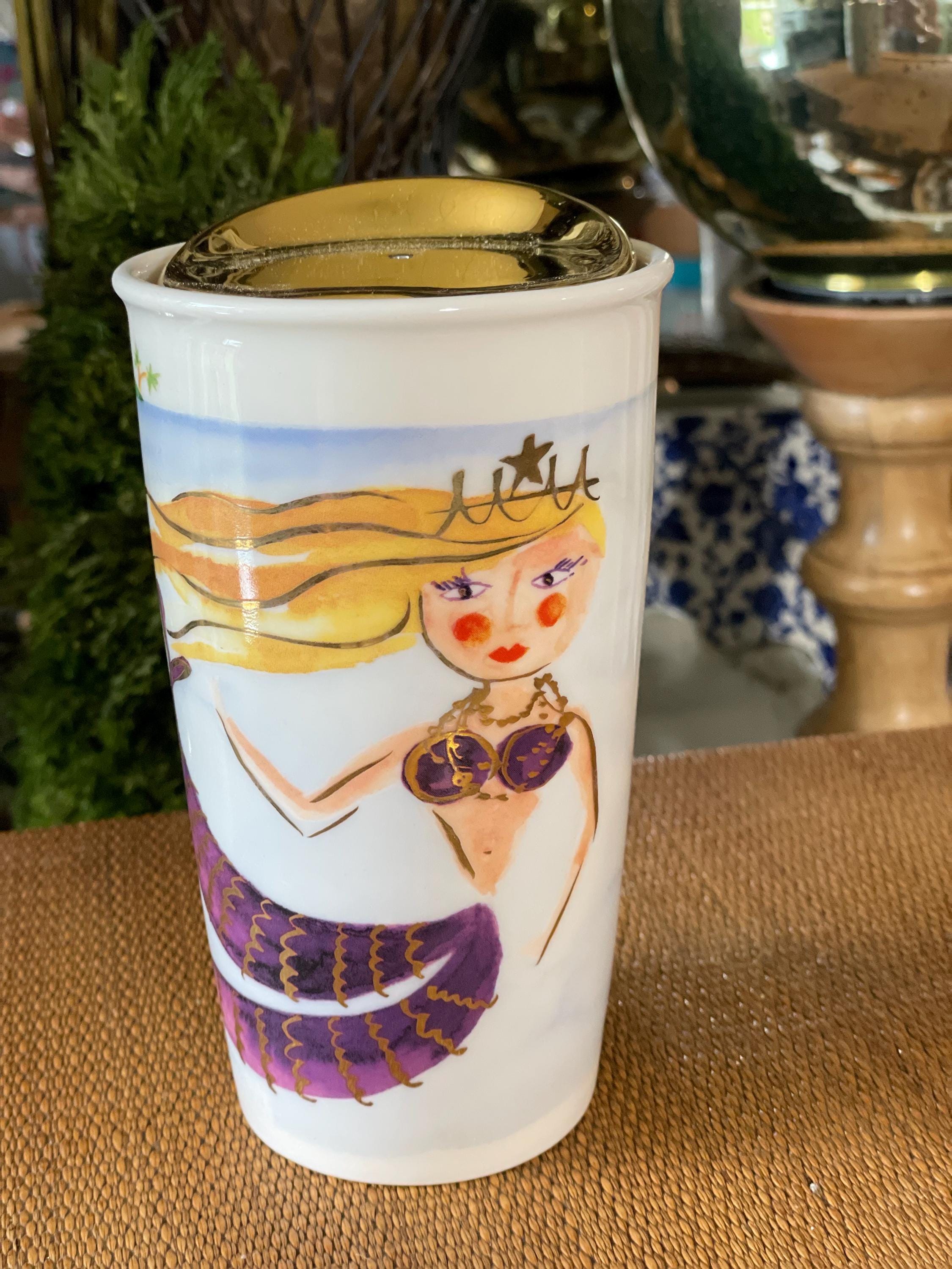 Starbucks 2015 Ceramic 12 Oz Tumbler Mermaid Siren Seahorse Gold