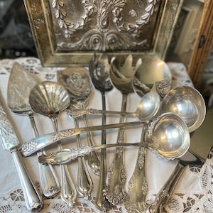 May include: A collection of silver-plated serving utensils including a cake server, a shell-shaped spoon, a ladle, and various serving spoons. Each piece features ornate embossed floral and vine patterns on the handles and polished metal surfaces.