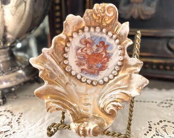 Plato para anillos de joyería de cerámica blanca dorada con puntos victorianos vintage