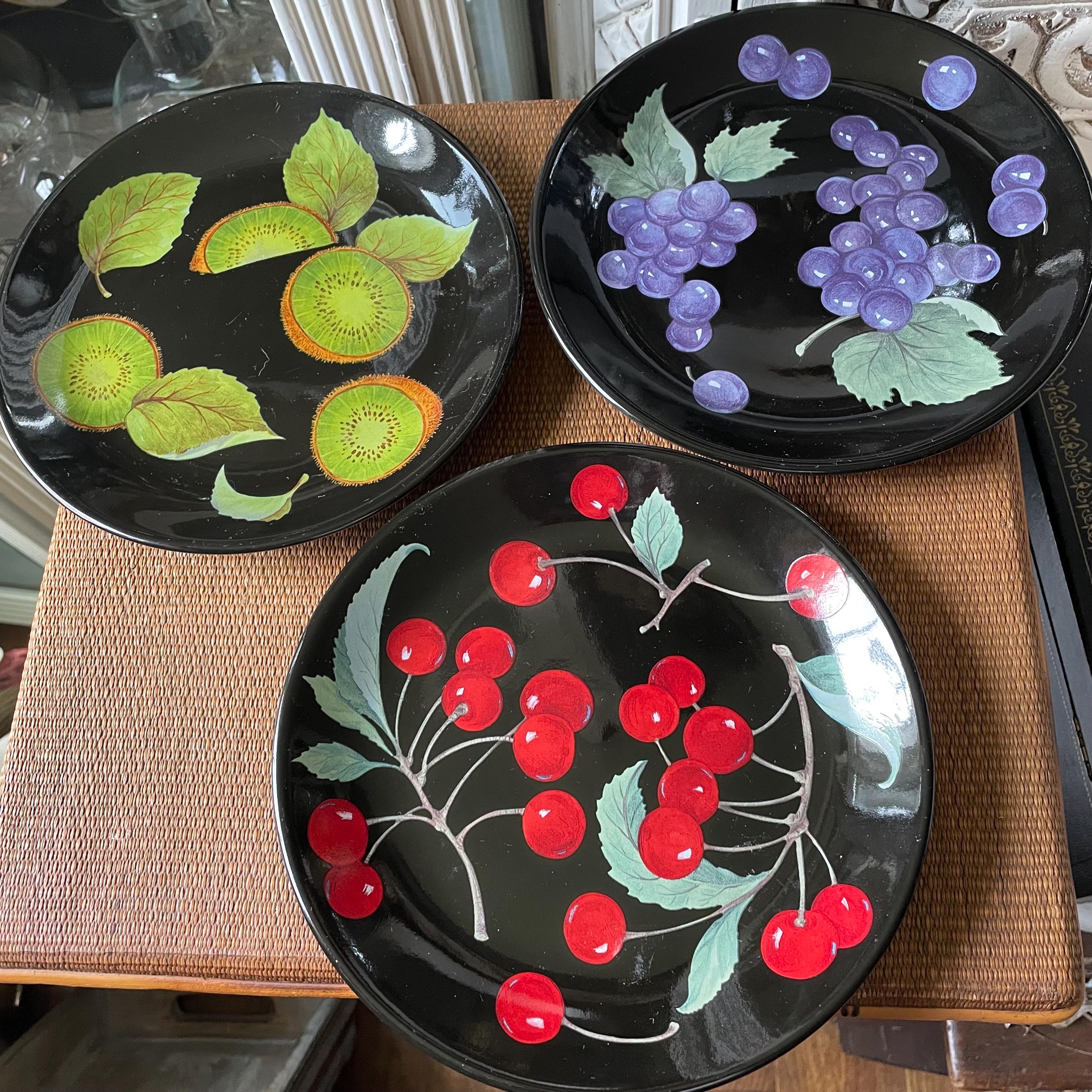 Lillian Vernon Black Ceramic Lunch Plates Cherries Grapes Kiwi