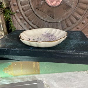 Puede incluir: Un peque&ntilde;o plato de cer&aacute;mica blanquecina con borde festoneado y borde dorado. El plato presenta un dise&ntilde;o floral morado y una l&iacute;nea negra curva. El plato est&aacute; sobre un libro azul oscuro.
