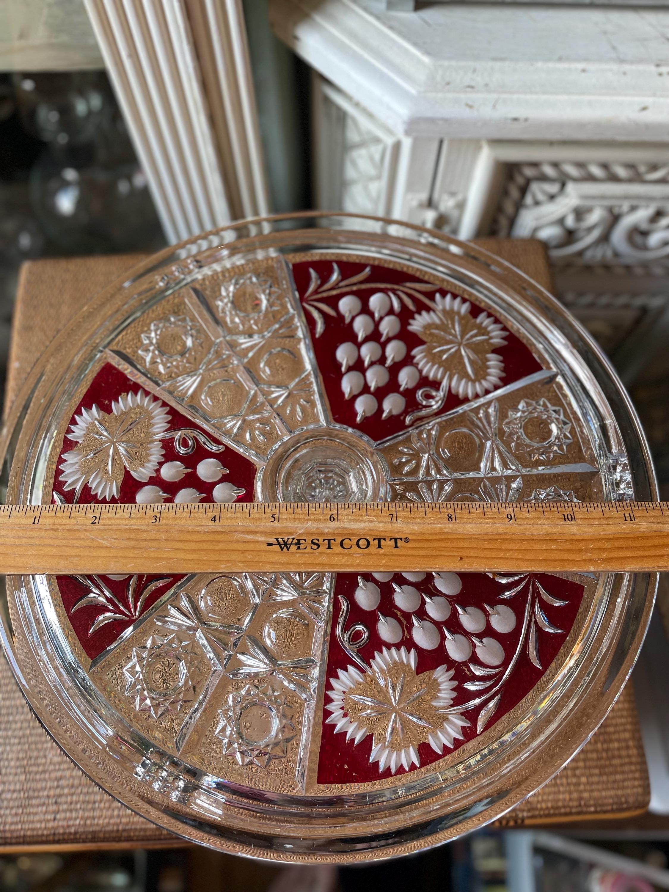 Anna Hütte Vintage Crystal Floral Cake Plate Flower Red Panels