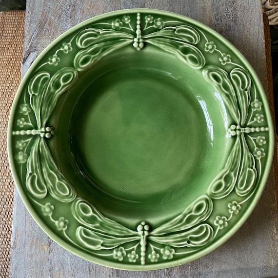 Vintage Bordallo Pinheiro Green Ceramic DRAGONFLY Large Rimmed