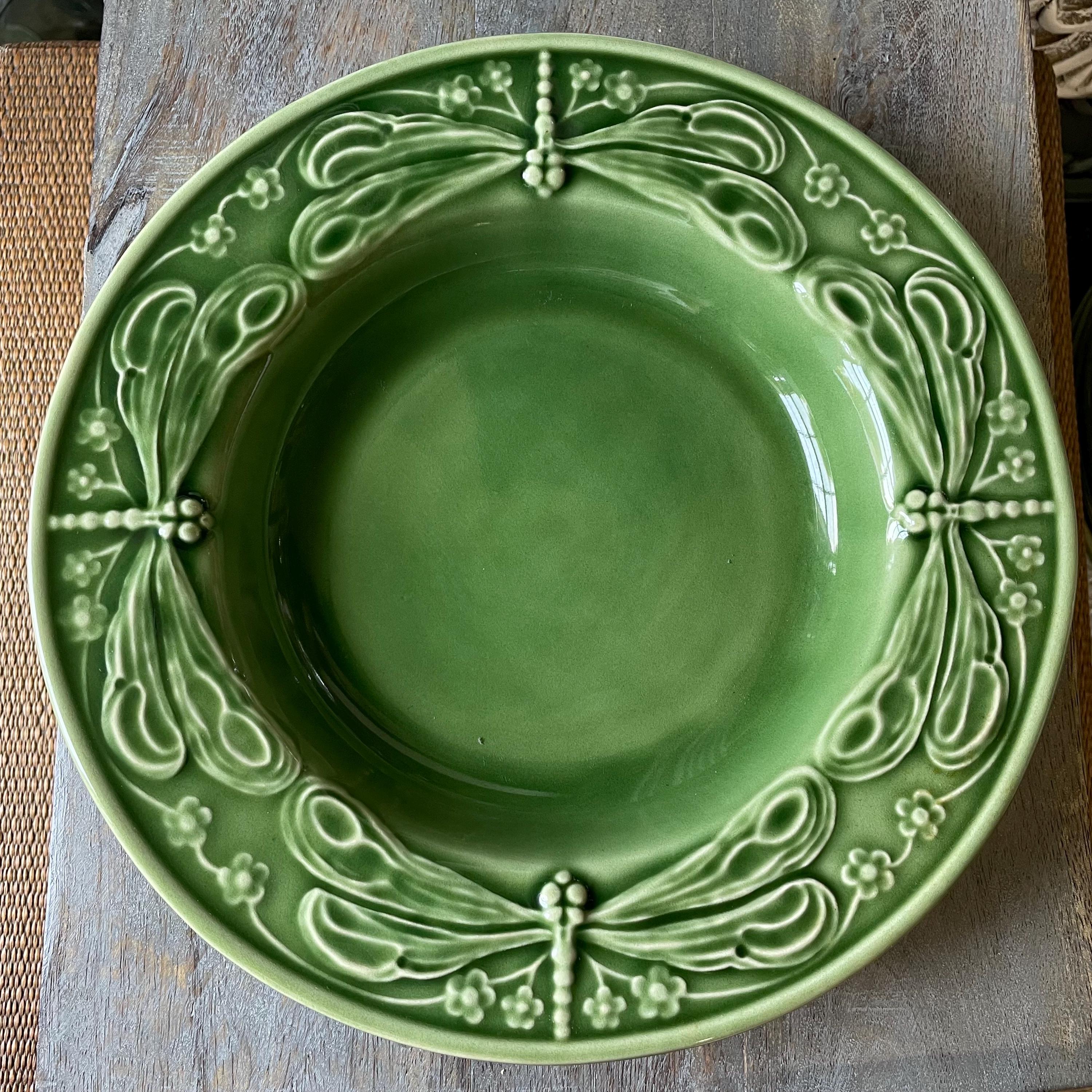 Vintage Bordallo Pinheiro Green Ceramic DRAGONFLY Large Rimmed