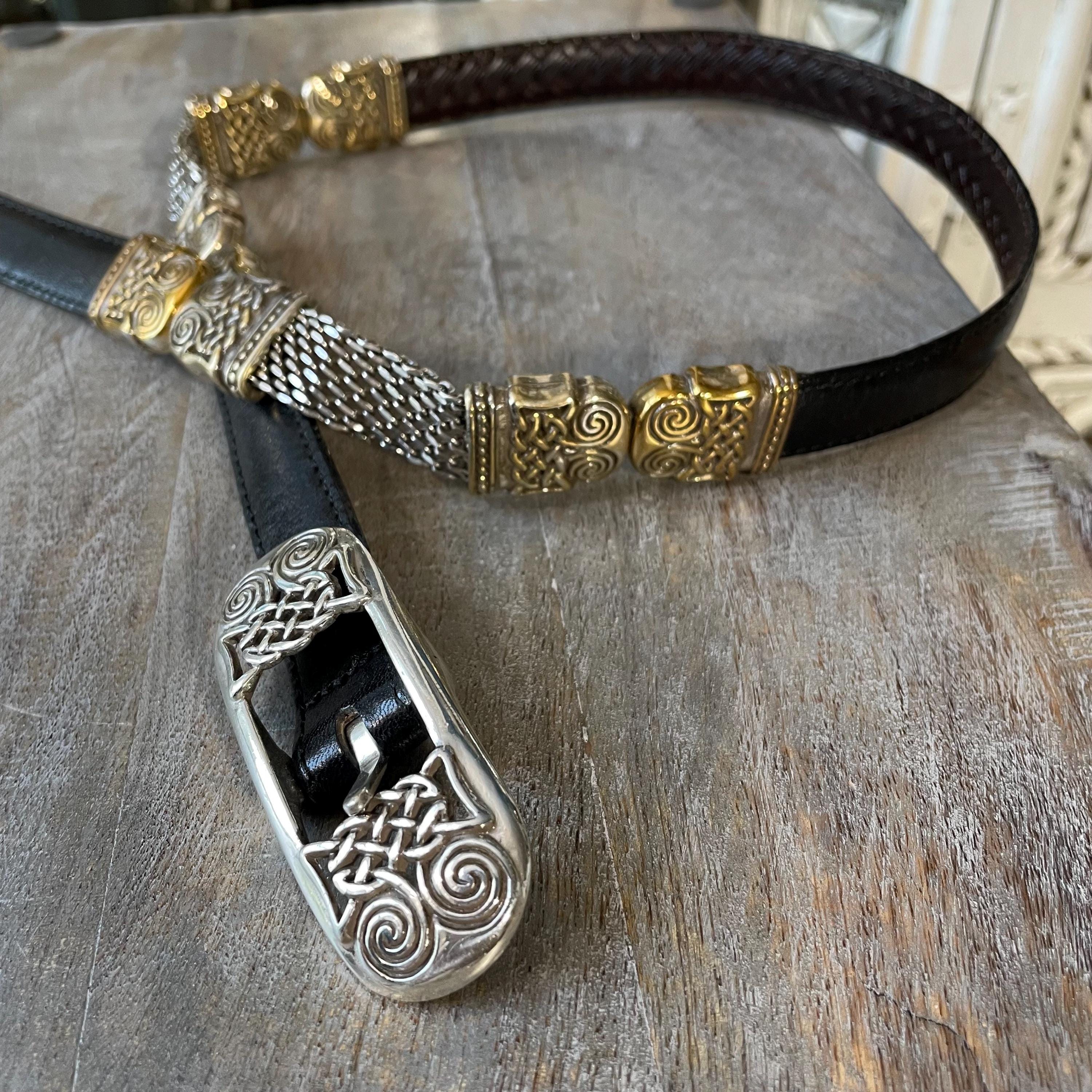 BRIGHTON Celtic Knot Black Embossed Weave Leather Belt Reversible
