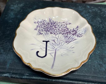 Anthropologie white purple flowers ceramic Trinket ring dish J