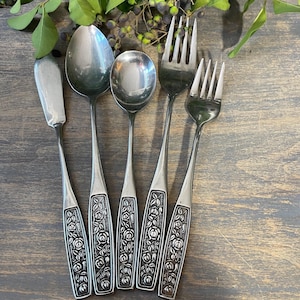 Interpur Embossed Roses floral stainless steel flatware Japan INR28 forks spoons butter knife