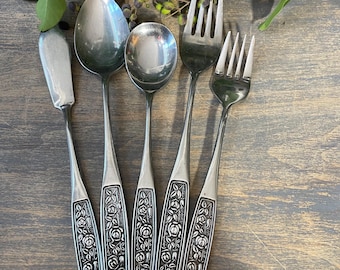 Interpur Embossed Roses floral stainless steel flatware Japan INR28 forks spoons butter knife