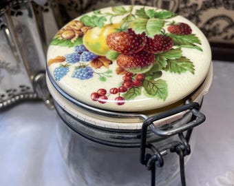 Vintage Carlton glazen pot keramisch fruitdeksel 3/4 l Frans landhuisdecor