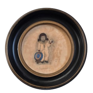 May include: A framed miniature painting of a child in a white outfit holding a blue hat and flowers. The painting is in a round black frame. The child's name, "Samson", is written below the figure.