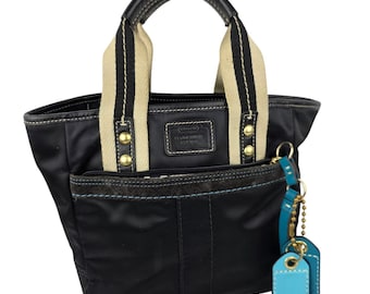 Coach LO5M-126 Hampton Tote Shopper Purse, Black with Teal Accents 8" x7.5"x 4"