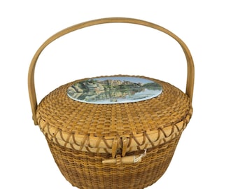 Alice Rigney 2003 Nantucket Basket Handbag Purse with Hand Painted River Scene