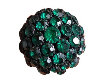 Vintage Signed Warner Green Domed Brooch Pin Metallic Back Rhinestones