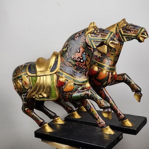 Set of Vintage Large Chinese Tang Dynasty Style Painted Wooden Horse Sculpture