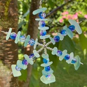Sea Glass Snowflake. 4in Diameter. Blue Or White Sea Glass With Blue And Purple Crackle Beads