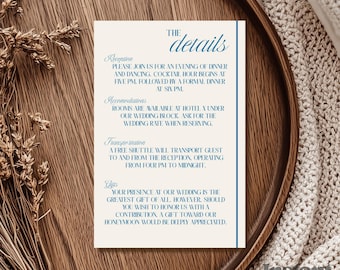 Moderne blaue Hochzeitsdetails Kartenvorlage, moderne bearbeitbare Details Karte, Hochzeitseinsatz, minimalistisch, Monochrom, blau druckbare Hochzeit