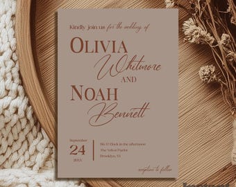 Puede incluir: Una invitación de boda en un tono marrón apagado, con los nombres Olivia Whitmore y Noah Bennett en una elegante escritura. La invitación incluye la fecha, 24 de septiembre, la hora, el lugar y una nota sobre la recepción.