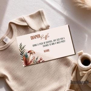 Modèle de carte de tombola de couches, jeu de baby shower modifiable neutre, thème des bois de bébé renard, aquarelle bohème, téléchargement immédiat