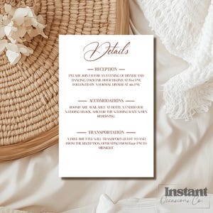 Terracotta Romance Wedding Details Card Template, Modern Editable Details Card, Wedding Insert, Minimalist, Monochrome, Brown Wedding