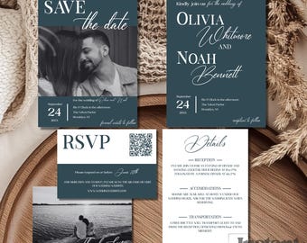 Navy Romance Wedding Invitation Suite Template, Blue Editable Bundle with RSVP, Save the Date & Details, Minimalist, Printable Wedding