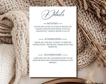 Navy Romance Hochzeitsdetails Kartenvorlage, moderne bearbeitbare Detailkarte, Hochzeitseinlage, minimalistisch, Monochrom, Blau Printable Hochzeit