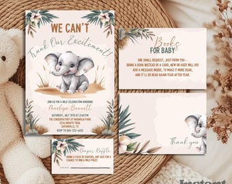 Elephant Baby Shower Bundle Template, Editable Jungle Safari Theme, Includes Invite, Books for Baby, Diaper Raffle, Instant Download