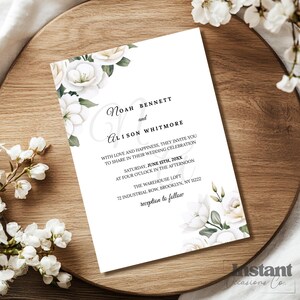 White Floral Wedding Invitation Template, Editable Minimalist Floral Wedding Invite, Boho Modern Style, Printable, Instant Download