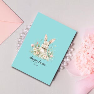 Lapin de Pâques aquarelle réaliste imprimable | Modèles | Carte de Joyeuses Pâques modifiable pour amis, collègues et famille