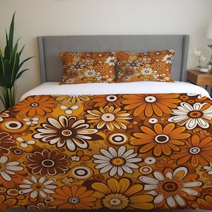 Retro 70er Jahre Blumenbettwäsche - Funky Orange & Braun Vintage Blumen Print Tröster, Bettbezug, Kissenbezug, Groovy Boho Vibes