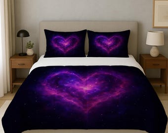 Purple Galaxy Heart Comforter Set, Valentine's Bedding, Nebula Space Duvet Cover, Starry Night Bed Set, Romantic Bedroom Decor