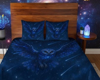 Galaxy Owl Bettwäsche-Set - Kosmische Tröster, Bettbezug & Kissenbezüge, Sternenhimmel Schlafzimmer Dekor