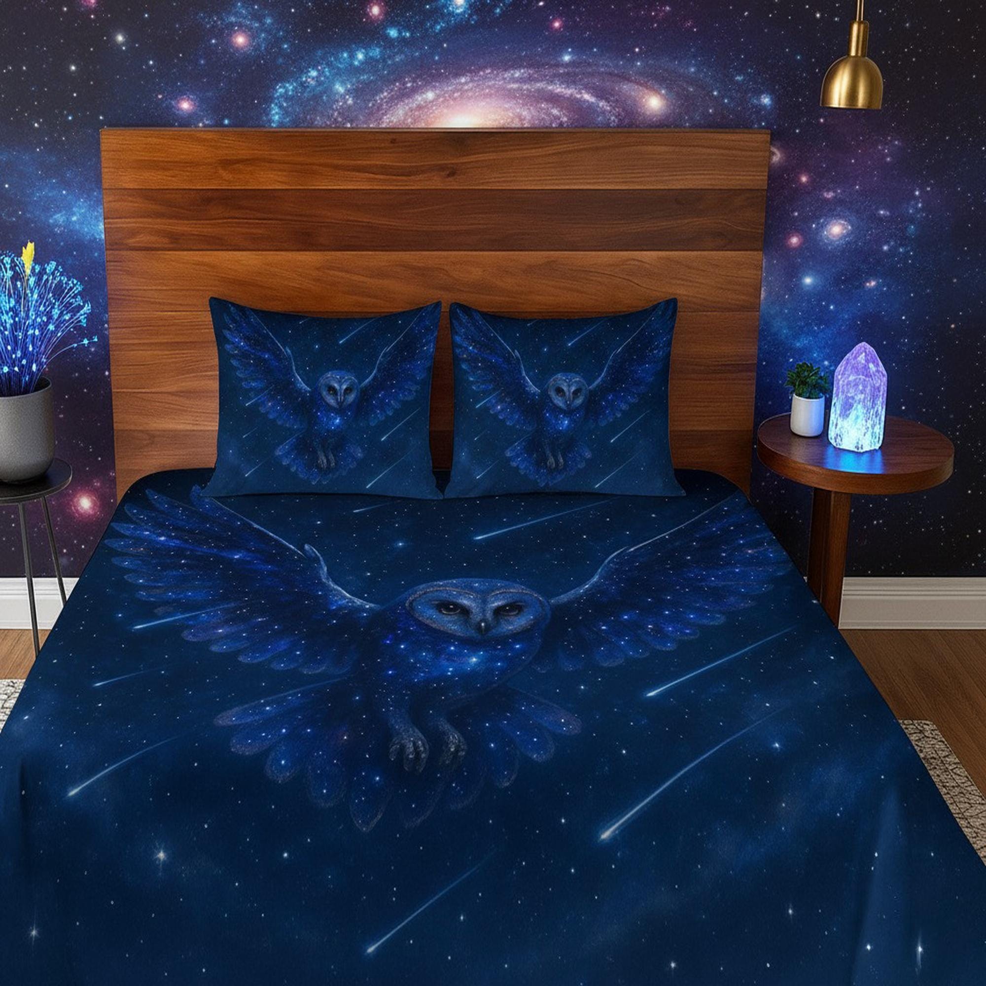 Galaxy Owl Bedding Set – Cosmic Comforter, Duvet Cover & Pillow Shams, Starry Night Sky Be