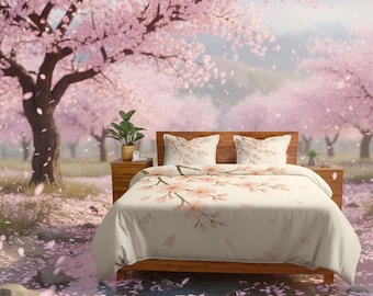 Cherry Blossom Comforter, Duvet, Pillow Sham Bedding Set, Floral Design.