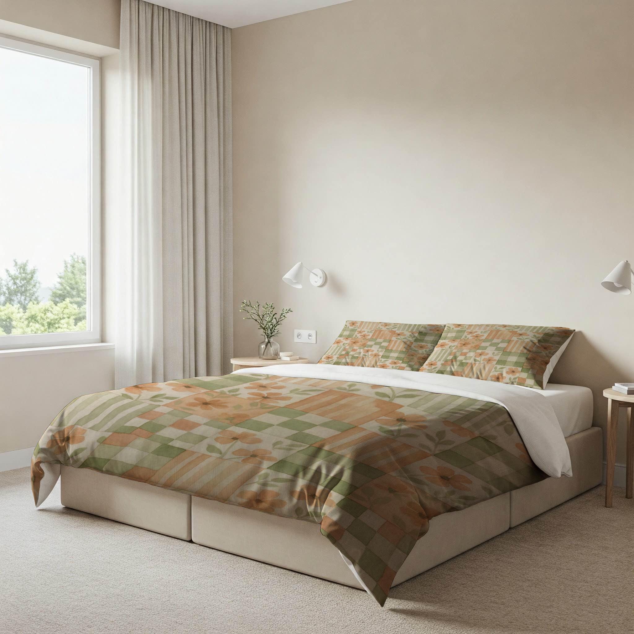 花柄パッチワーク掛け布団、羽毛布団カバー、枕カバーセット