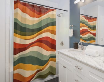 グルーヴィーなストライプ柄の布製シャワーカーテン。1960年代と70年代