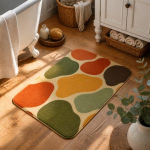 Può includere: Un tappeto da bagno rettangolare caratterizzato da un motivo astratto di forme organiche arrotondate nei toni dell'arancione bruciato, giallo senape, verde oliva e marrone scuro, su uno sfondo color crema chiaro con angoli arrotondati.