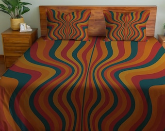 Rot gestreifte Retro-Bettwäsche, bunte vertikale Linie Kunst, ästhetisches Dekor der 70er Jahre, roter Bettbezug und Kissenbezug im Set
