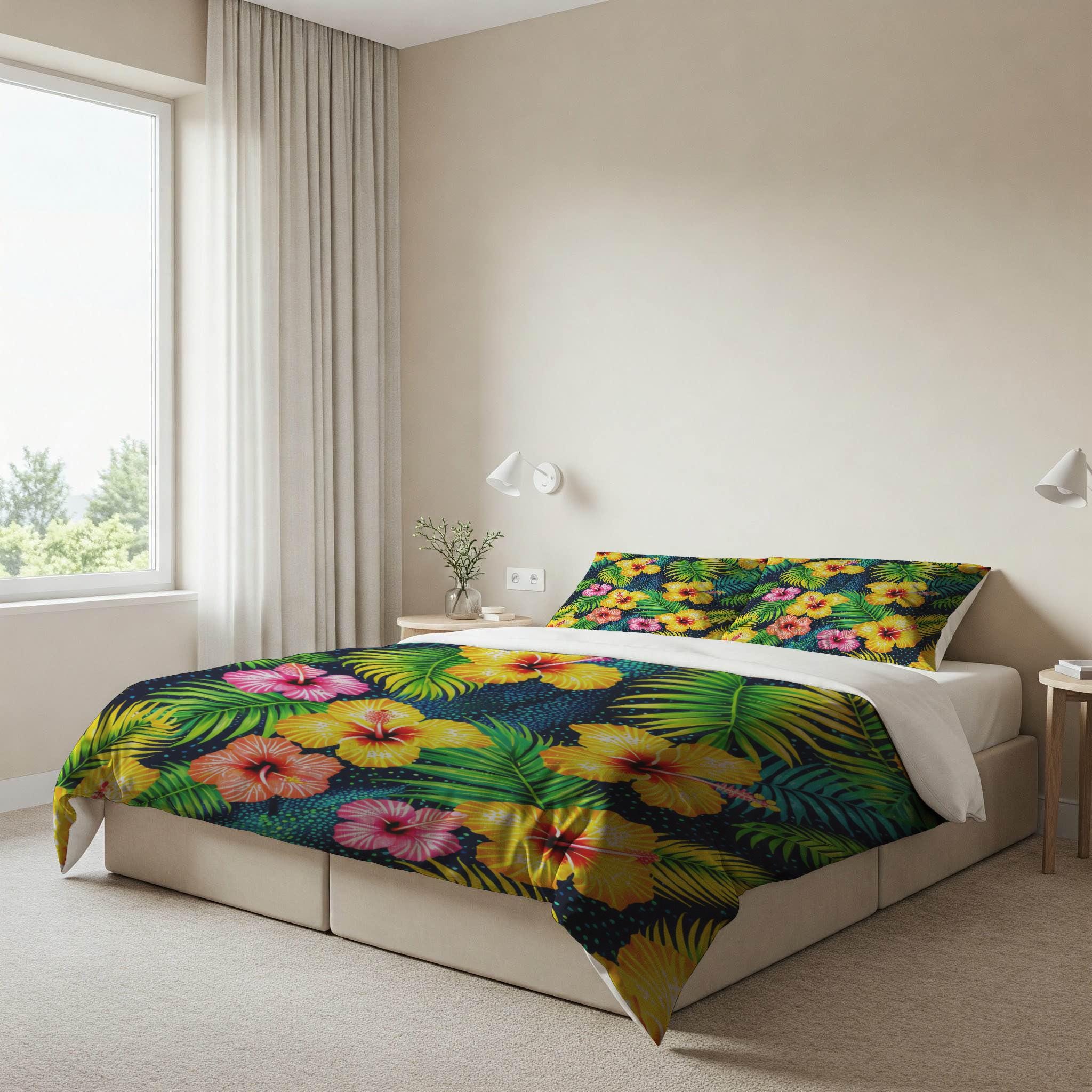 Colorful Tropical Flowers and Palm Leaves, Floral Bedding Set ...